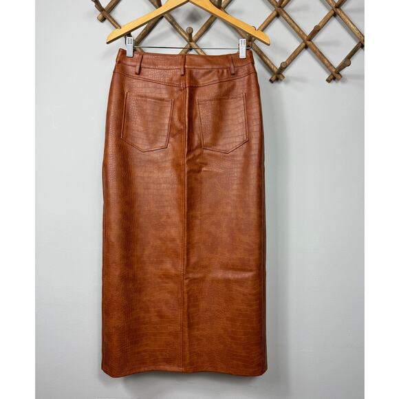 New WAYF Roberta Croc Embossed Midi Skirt in Brown Faux Leather Size L - Picture 5 of 13